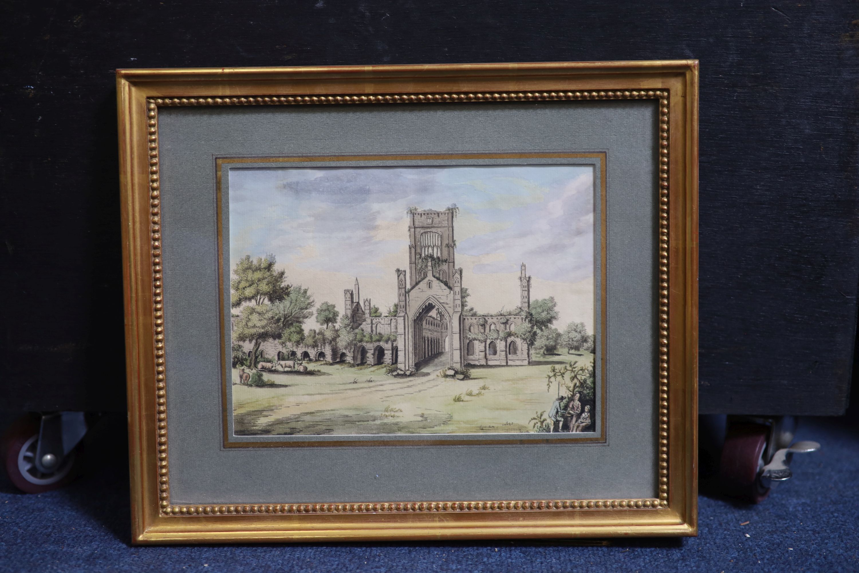 18th century English School , View of Kirkstall Abbey, ink and watercolour, 15 x 20.5cm